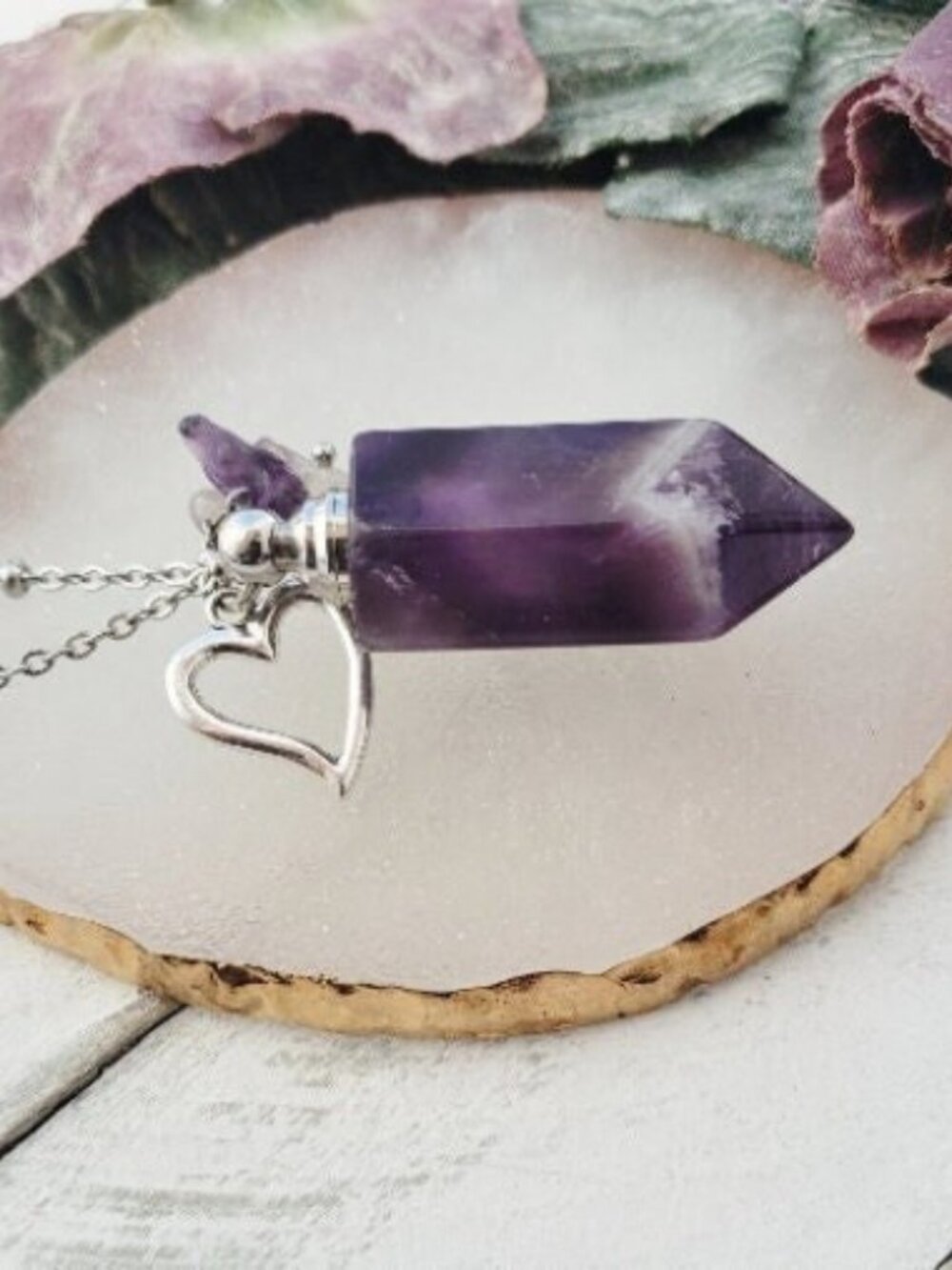 Amethyst Purple Quartz Crystal Essential Oil Vial Necklace Stone Heart Charm